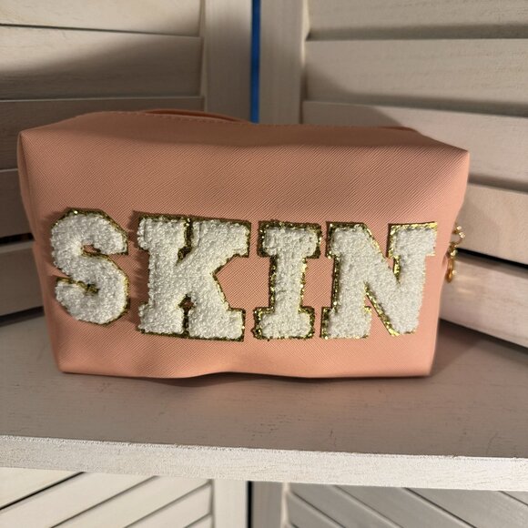 Pink “SKIN” Cosmetic Pouch – Gold Glitter Letters, 9.5x5 Travel Organizer - Picture 1 of 2